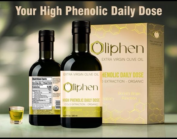 OLIPHEN high-polyphenol olive oil bottle with scientific design